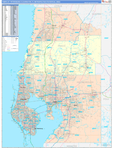 Tampa-St Petersburg-Clearwater Metro Area Wall Map